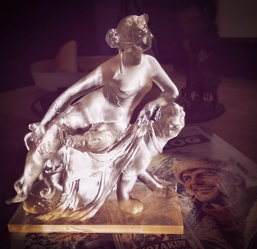 A detailed resin sculpture representing the studio’s mix of digital imagination and physical craft.